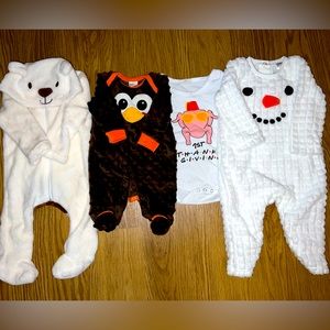4 Holiday Baby Onesies for Infant - Turkey, Snowman, Bear Fleece